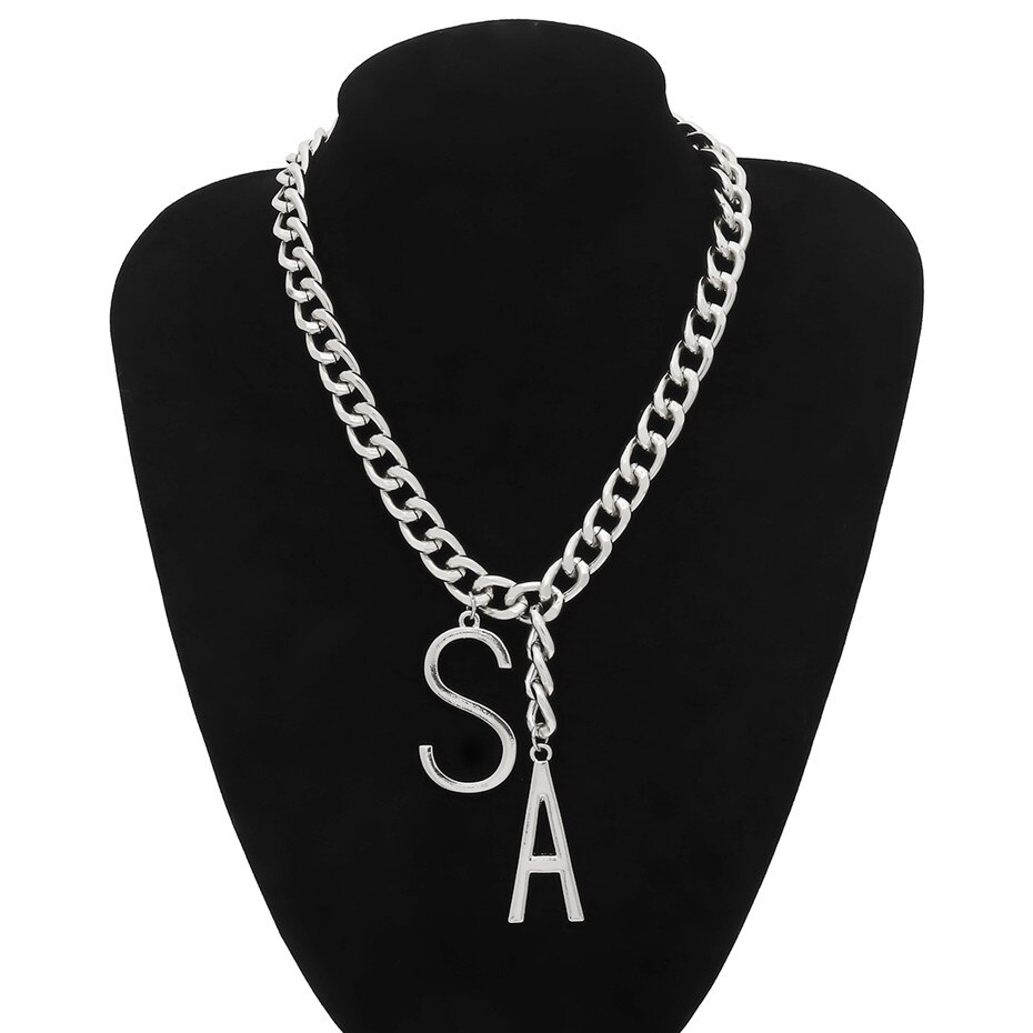 Lacteo Miami Cuban Chain Big Letter S A Pendant Necklace Punk Chunky Thick Chain Charm Necklace Jewelry for Women Accessories: Silver Color