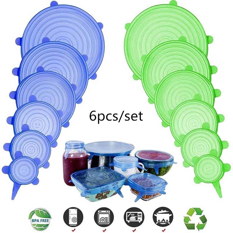 6pcs Fruit Food Saran Wrap Stretch Vacuum Silicon Cover Kitchen Storage Reusable Organization Keep Fresh Seal Lid Bowl Container