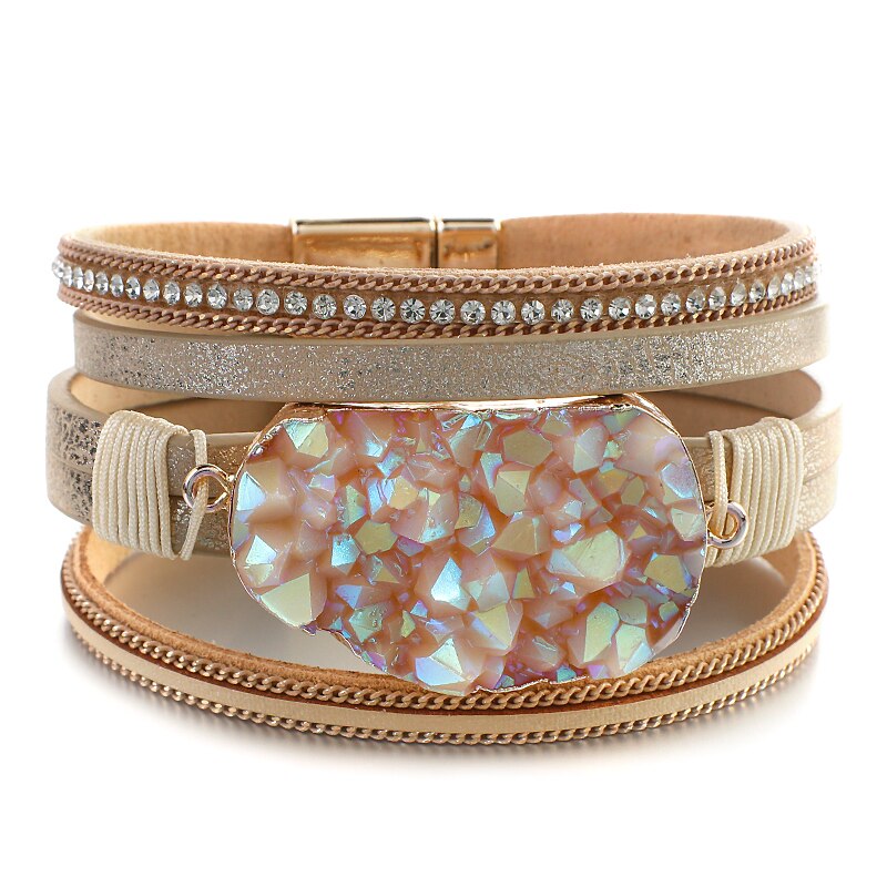 Amorcome-Pulseras de cuero redondas de resina para mujer, brazaletes bohemios multicapa, joyería, dijes,