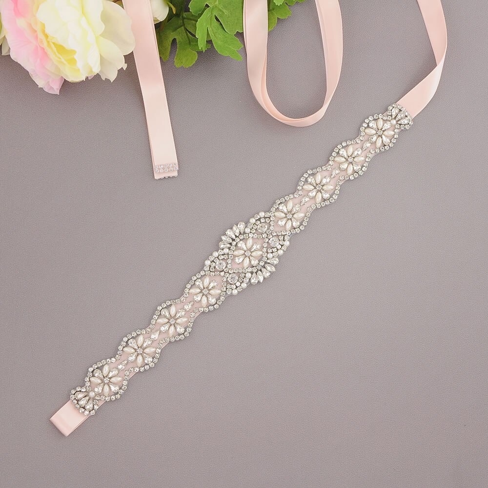 S161-S Luxe Bruid Jurk Riemen Met Strass Bruids Bruiloft Accessoires Riem Voor Vrouwen Trouwjurk Parel Riem Formele Riemen: Baby  Pink