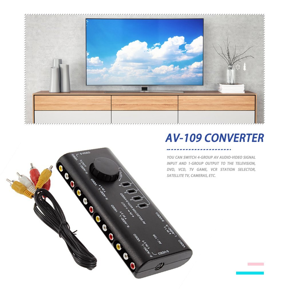 Out AV RCA Switch Box AV Audio Video Signal Switcher Splitter 4 Way Selector 4 in 1 Bundle 1 AUX Polybag Coaxial Cables ONLENY
