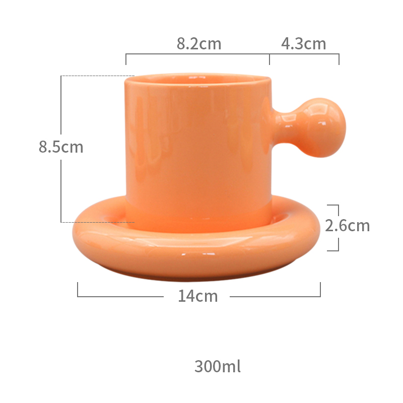 Taza con mango de bola redonda de 300ml, juego de platos, Taza de cerámica personalizada para café, té, platillo, cocina, oficina, decoración del hogar: Naranja