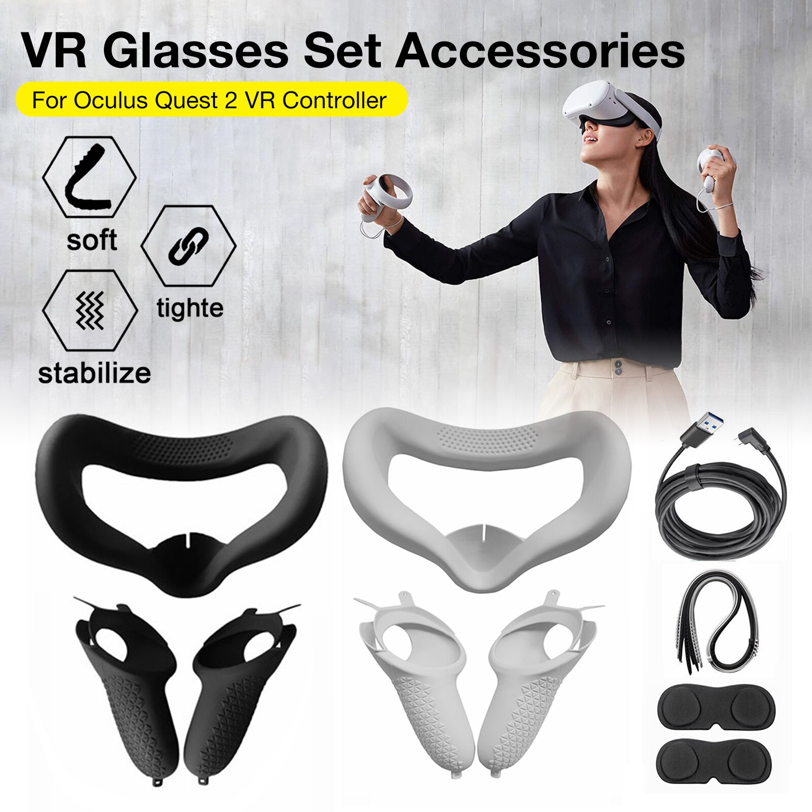 Voor Oculus Quest 2 Vr Headset Cover Oogmasker Lens Cover 10ft 5M Link Data Kabel Set Zachte Siliconen vr Accessoires Set