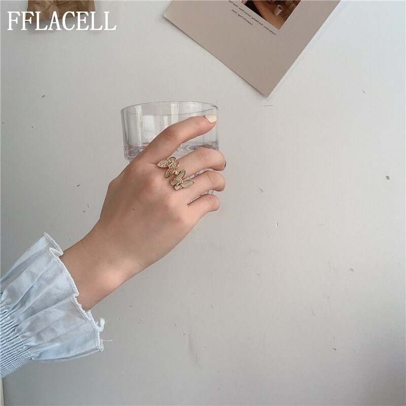 Fflacell Chic Mode-sieraden Opal Shell Rhinestone Parelmoervlinder Vlinder Ringen Opening Verstelbare Oorbellen Choker Ketting