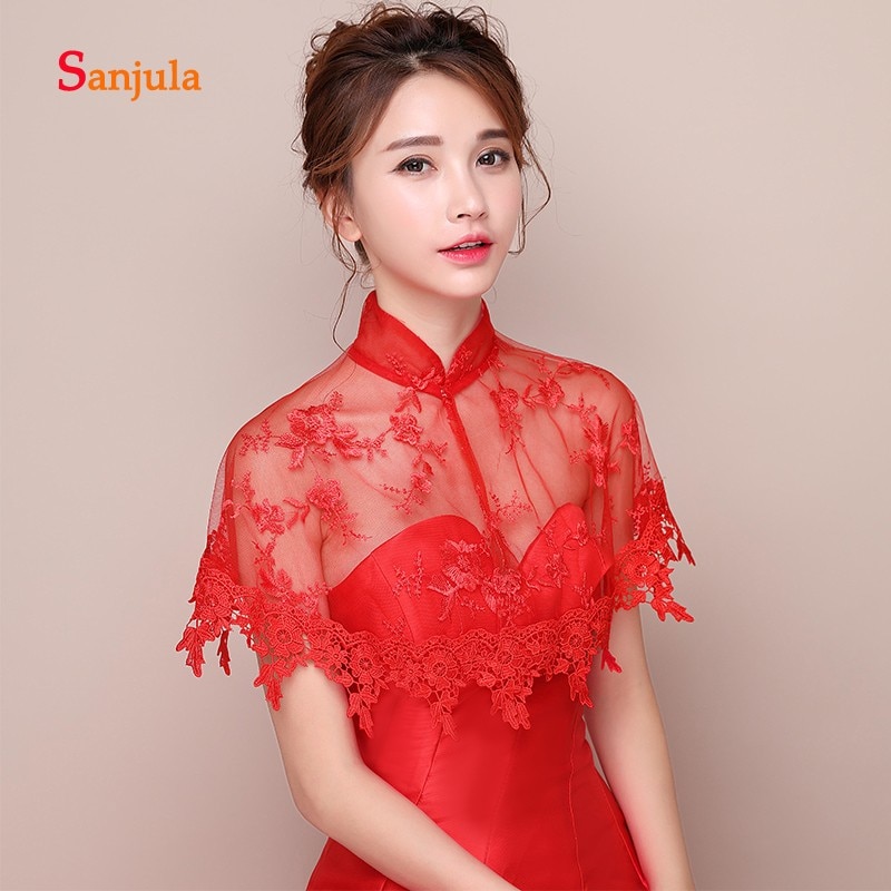 Red Lace High Neck Wedding Bolero Appliques Women Dress Jacket Accessories Bridal Wraps capa novia W09