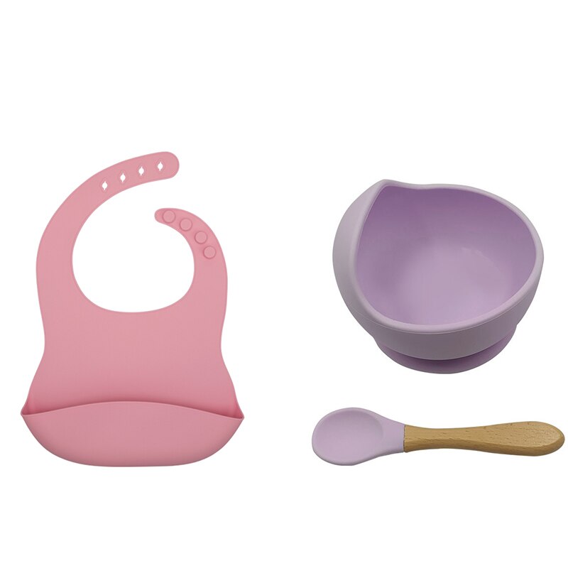 1 zestaw silikonowa miska do karmienia niemowląt zastawa stołowa wodoodporna łyżka antypoślizgowe naczynia silikon bez BPA naczynia dla miska dla dzieci talerz dla dzieci: Pink-purple