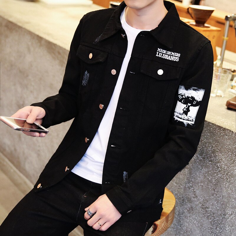 spring Autumn Casual men\'s Korean teenagers jacket patch youth Slim handsome clothes male black denim jacket