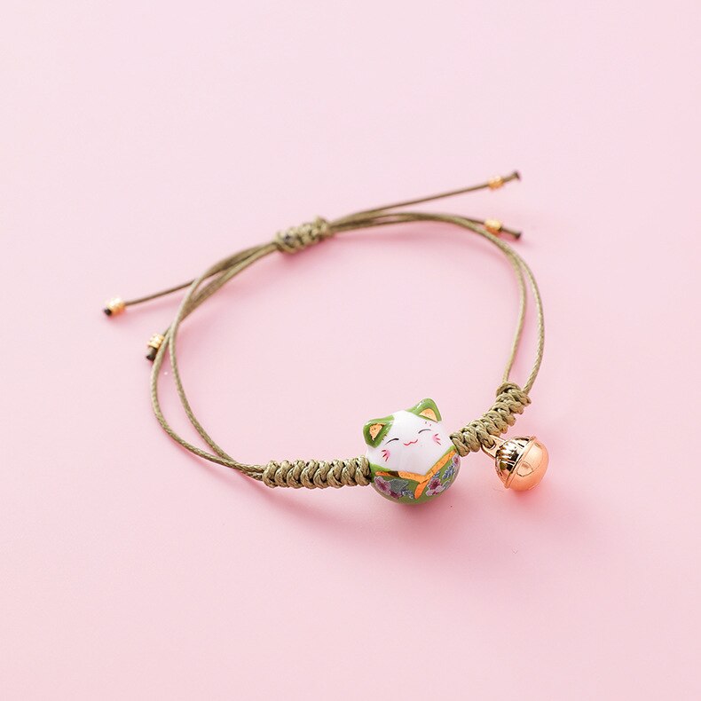 Doreen-pulsera de cuerda de gato de cerámica Kawaii para mujer, brazalete sencillo tejido a mano, cuentas de borla, joyería de de estilo japonés: Big Cat-Green