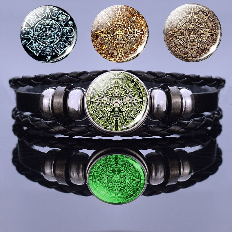 Calendario azteco maya luminoso gioielli Steampunk Cabochon in vetro messicano bracciale intrecciato arte bracciale in pelle nera per donna uomo