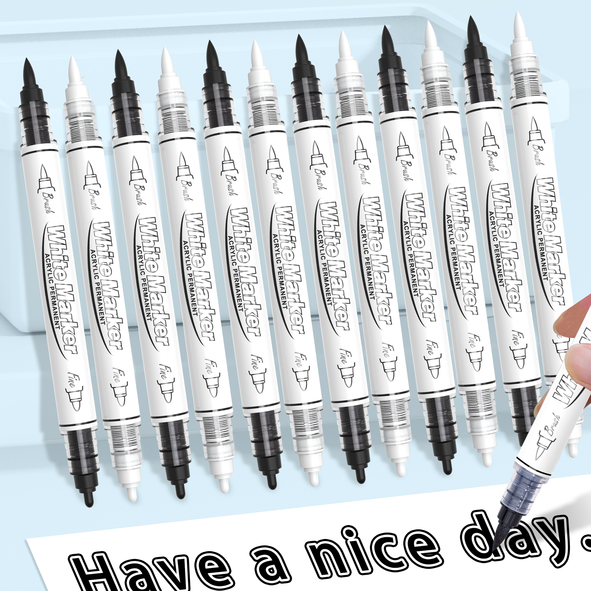 12 marcadores de pintura acrílica de doble cabezal, marcadores de pintura con punta de pincel blanco y negro para pintura en roca, piedra, bricolaje, fabricación de tarjetas, suministros de arte