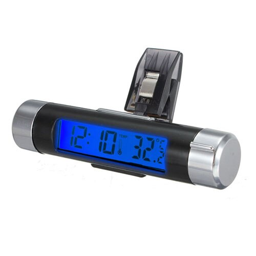 2- in -1 auto lcd clip-on digitale temperatuur thermometer klok kalender auto blauwe achtergrondverlichting klok: Blauw