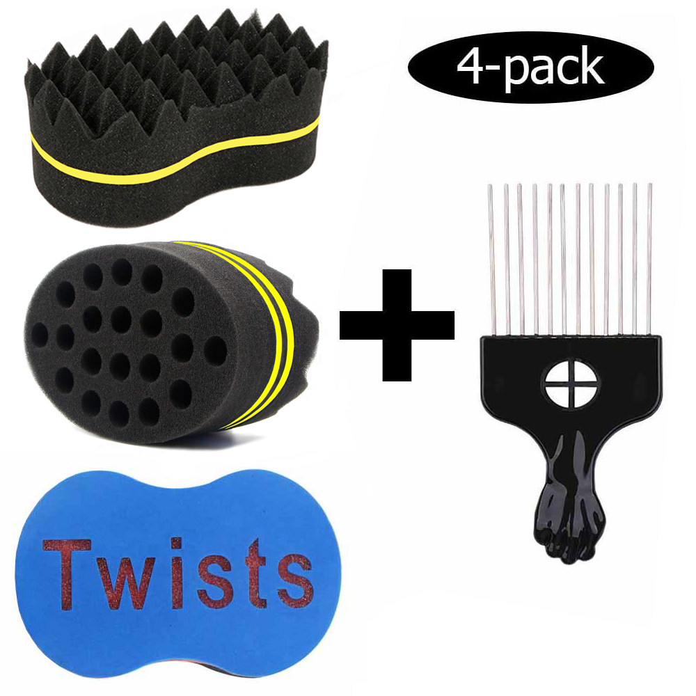 Hårsvamp børste magisk barber twist curl svamp dreads låsning afro coil kam tornado plejeværktøj (4 stk.): 4 stk gulblå