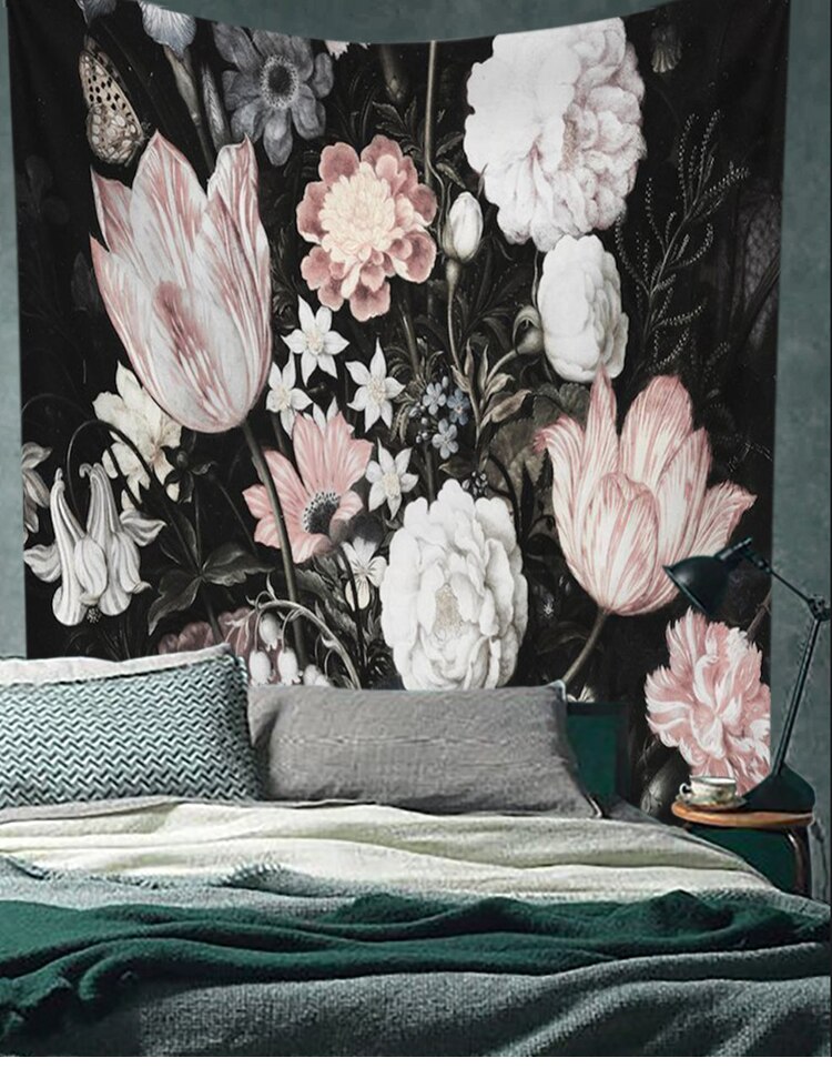 Black Blossoms Beautiful Flower Wall Hanging Floral Tapestry Fabric Wallpaper Home Decor 130x150cm