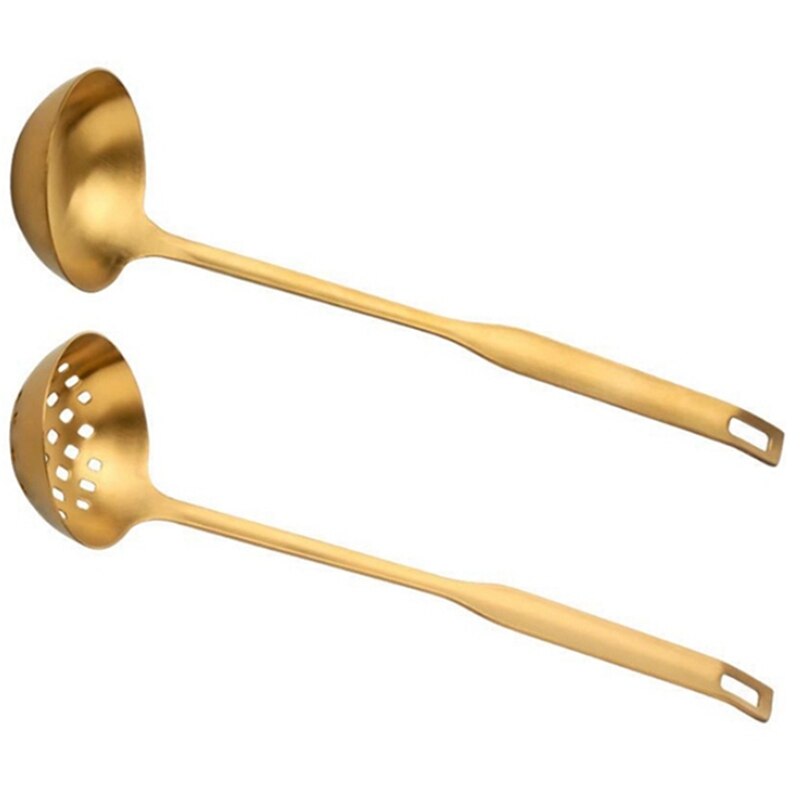 Goud Soeplepel Vergiet Set, Lange Handvat Roestvrij Keukengerei Kookgerei Opscheplepel, voor Koken Gebruiksvoorwerp (2 Stuks)