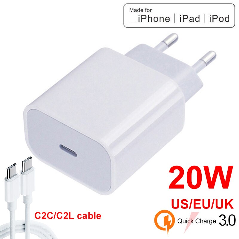 20w PD Charger USB-C Power Adapter With Type C Cable Fast Charger For iPhone 12 Pro Max mini iphone12 iPad Pro For Samsung