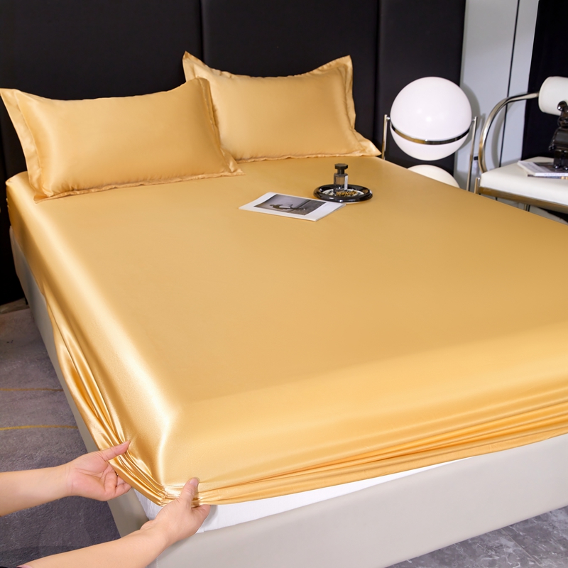 High-End Rayon Satin Fitted Sheet Silky Solid Color Bed Sheet Elastic Band Sheets Smooth Bedsheet Mattress Cover 150x200 180x200: 140x190cm / Yellow