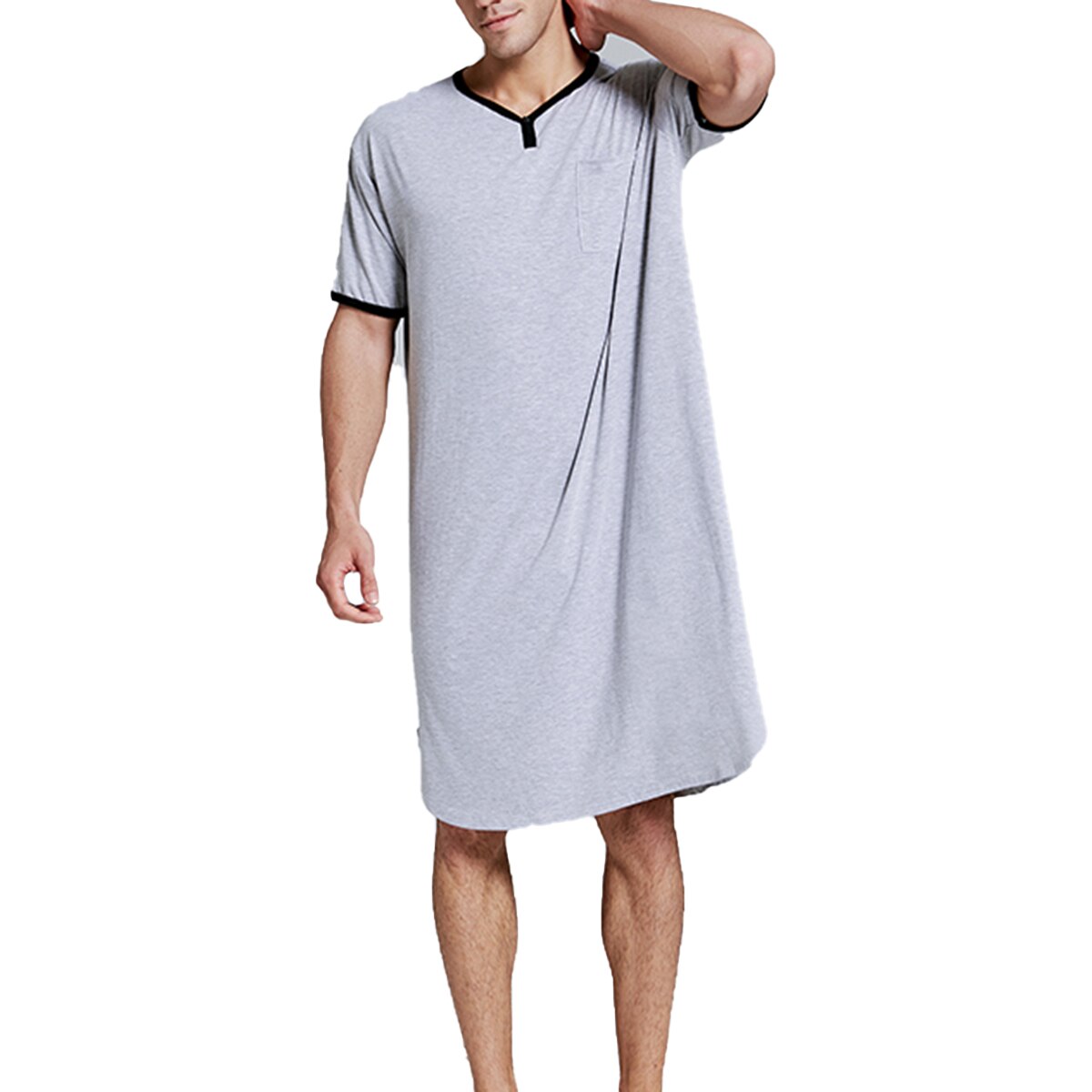 Robe de nuit en coton à manches courtes pour hommes, Vintage, pyjama, col rond, poches, couleur unie, Kaftan, Robes de bain, vêtements pour la maison, M-3XL