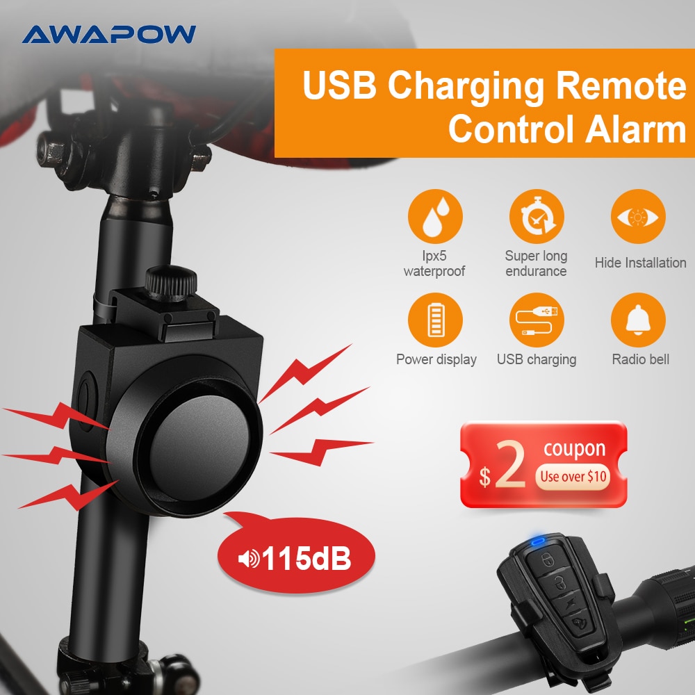 Awapow Wireless Bicycle Vibration Alarm USB Charging Motorcycle Bike Alarm Remote Control Anti-theft Bike Detector Alarm System