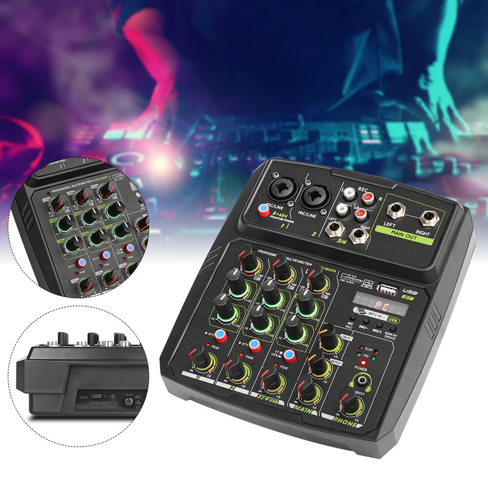 4 Channels Multifunction Home Studio Equipment Mixing Console Party Computer Music Recording Mini USB Stereo Audio Mixer