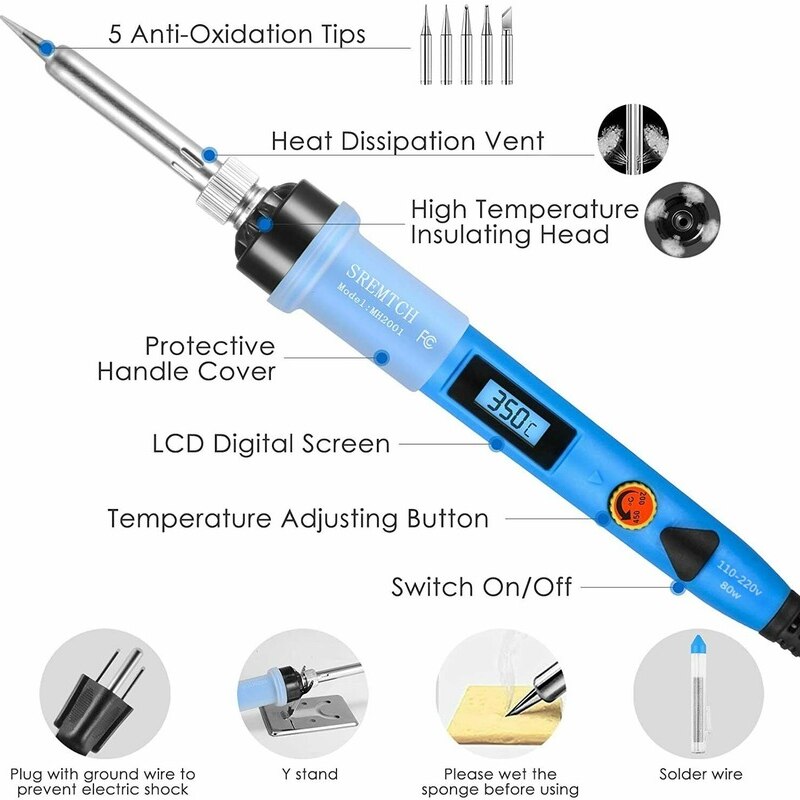 80W Digital Electric Soldering Iron Kit Set Temperature Adjustable 220V 110V Welding Tool Ceramic Heater Soldering Tips Rework