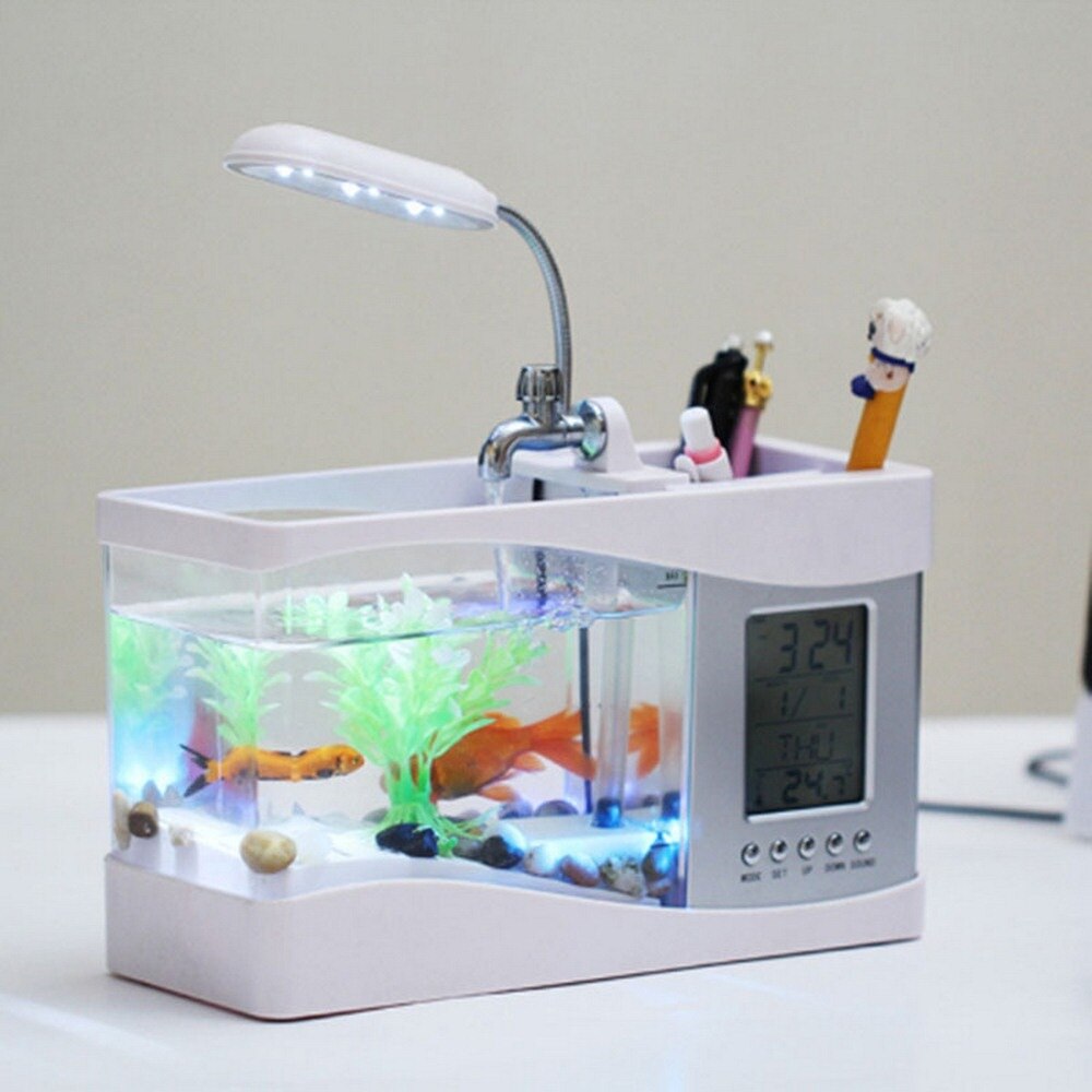 Mini akvarium akvarium med led lampe lys pen holder usb akvarium betta akvarier lcd display skærm og ur aquario: Hvid
