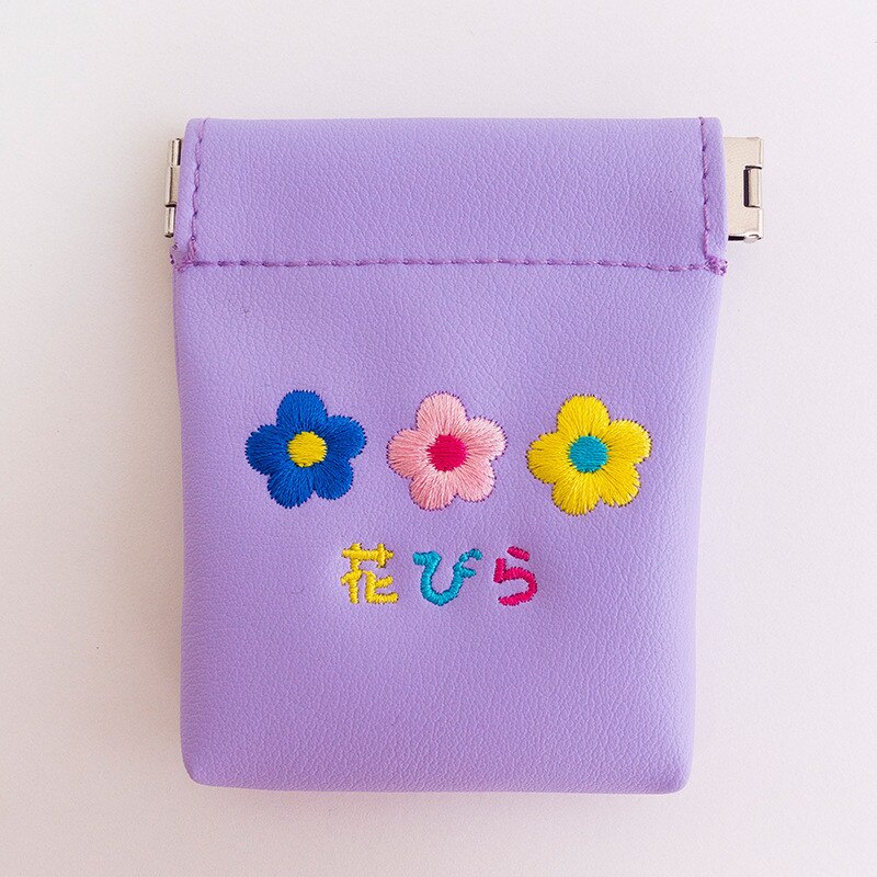 Milkjoy Flower Embroidery Cute Coin Purse Bentoy Airpods Headphone Bag Leather Mini Storage Case For Women: Purple