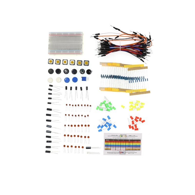 Kit de iniciación para resistencias de Arduino, LED, condensador, cables de puente, resistencia para placa de prueba