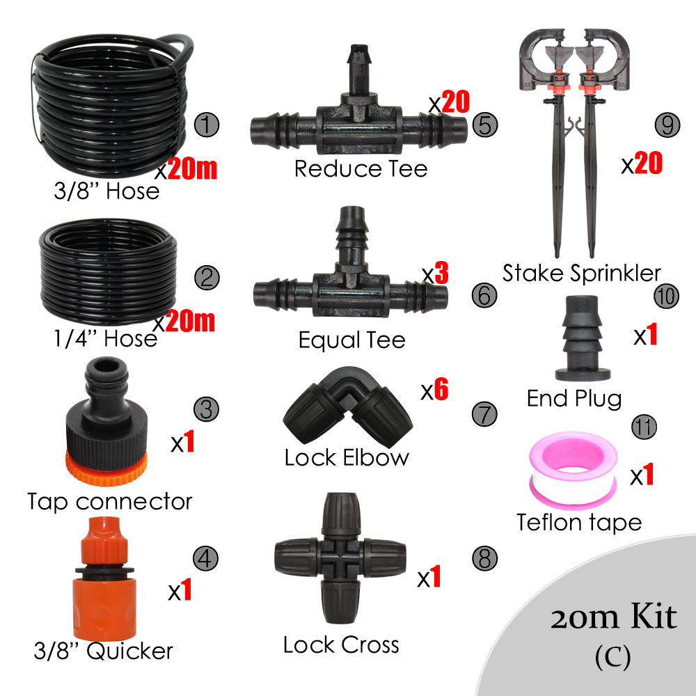 24M2 - 160M2 Area Garden Irrigation Spray Kits Lawn Courtyard Watering System 360 Degrees Rotating Sprinklers Uniform Spray: 20M Kits