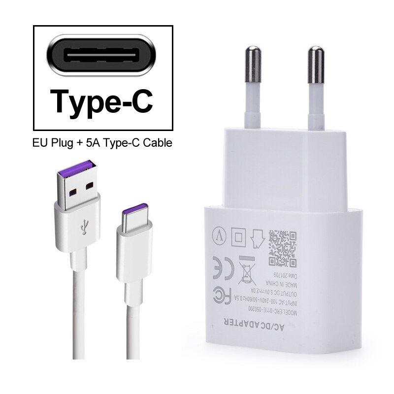 För huawei snabbladdare för mate 9 10 20 pro x rs nova 2 honor 8 v8 9 v9 9x pro nova 5i pro mate 30 lite  p20 p30 y5 y9 eu adapter: Eu-kontakt typ-c-kabel