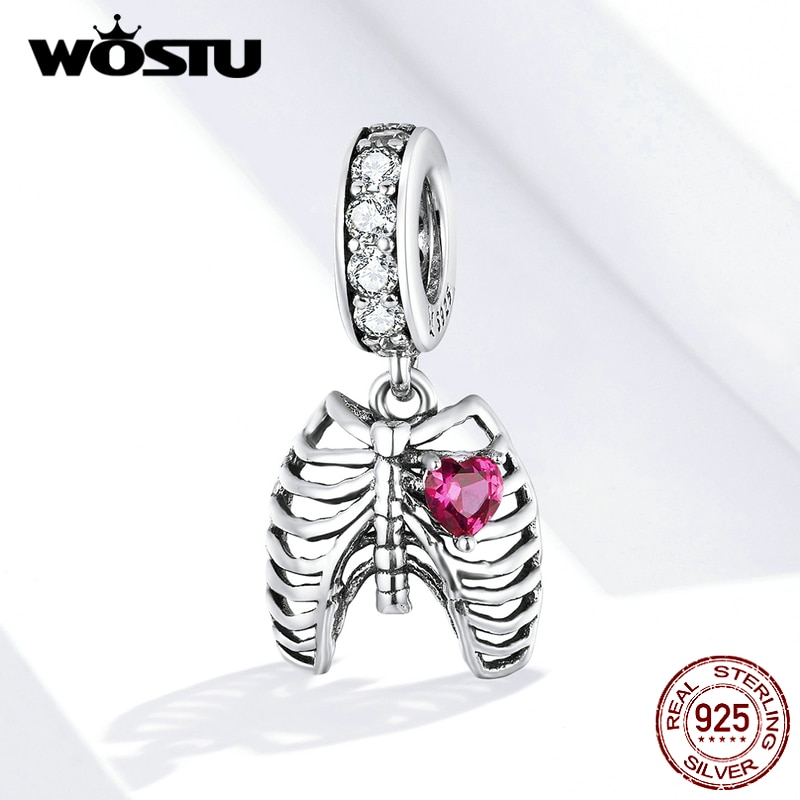 WOSTU Lungs Ribs Chams Real 925 Sterling Silver Fit Original Bracelet Pendant Love oath of ribs Zircon Beads Jewelry FIC1459