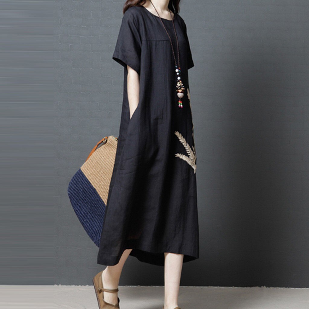 Women Black Big Size Dress Women Plus Size Loose Large Casual Dress Retro cotton and linen Tennis dress