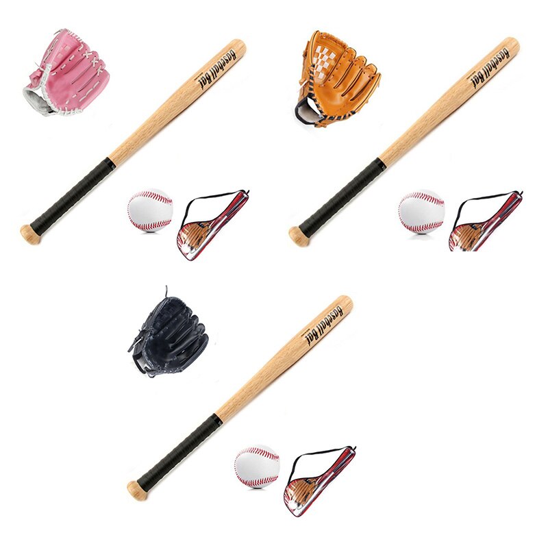 Kids Outdoor 25 Inch Wood Baseball Bat and Softball Ball &amp; Baseball Gloves Exercise Training Baseball Set with Bag