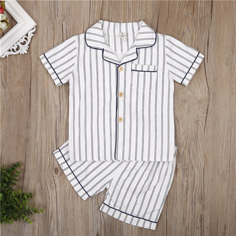 Sommer Sommer Kleinkind freundlicher Baby Jungen Pyjama Anzug Gestreiften Pyjama Baumwolle Nachtwäsche Nachtwäsche Homewear Outfit einstellen 2-7Jahre: Weiß / 3T