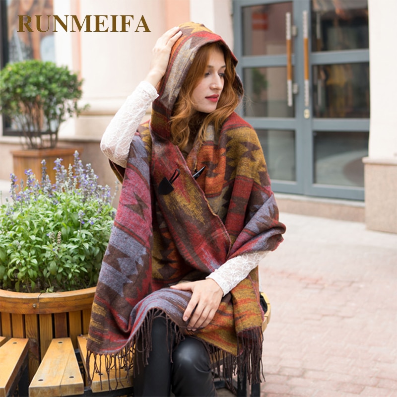 Kvinner vinter boho hette kåpe kappe poncho dame sjal pakke inn kvinnelig pashmina rutete kashmir teppe skjerf bufanda mujer