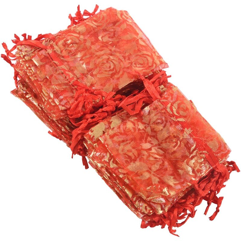 200 stuks 7 x 9cm rozen organza trekkoord sieraden zakjes bruiloft kerstfeest zakjes  - 100 stuks roze & 100 stuks rood