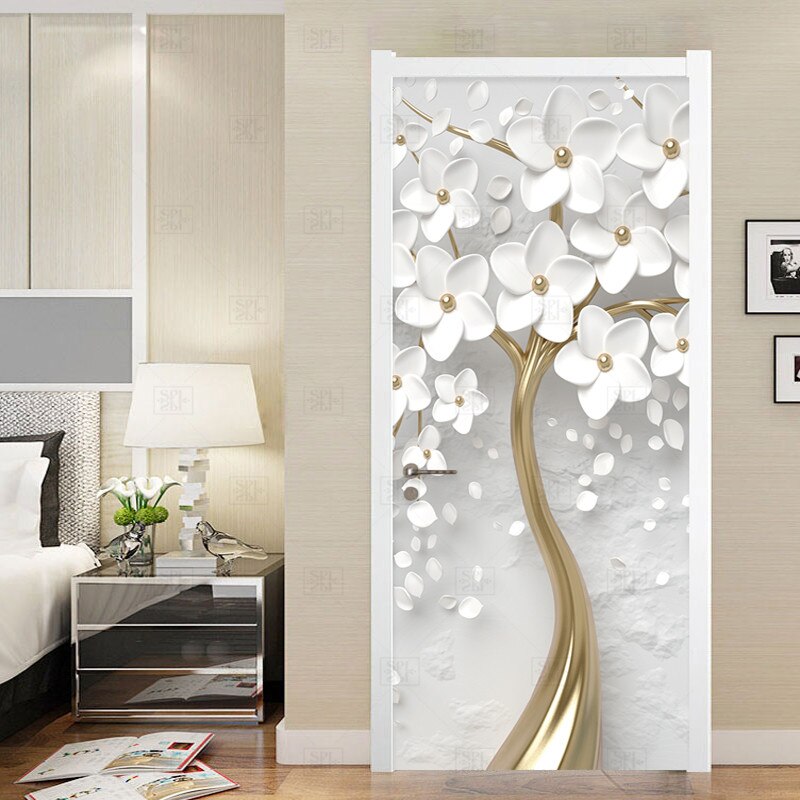 Zelfklevende Deur Sticker 3D Stereo Witte Bloemen Muurschildering Behang Woonkamer Slaapkamer Home Decor Deur Poster Waterdicht Sticker
