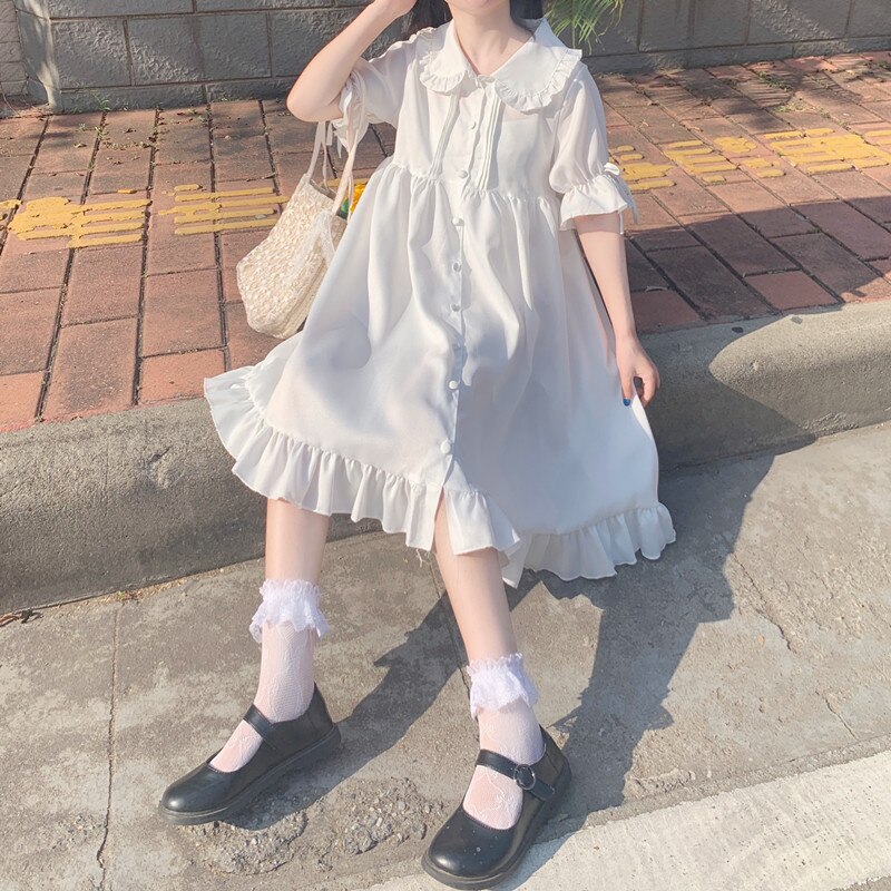 Zomer Japanse Zoete Schattige Pop Kraag Lolita Jurk Gothic Victoriaanse Wit Angel Kawaii Lolita Dagelijkse Jurken Party Kostuums: short sleeve / L