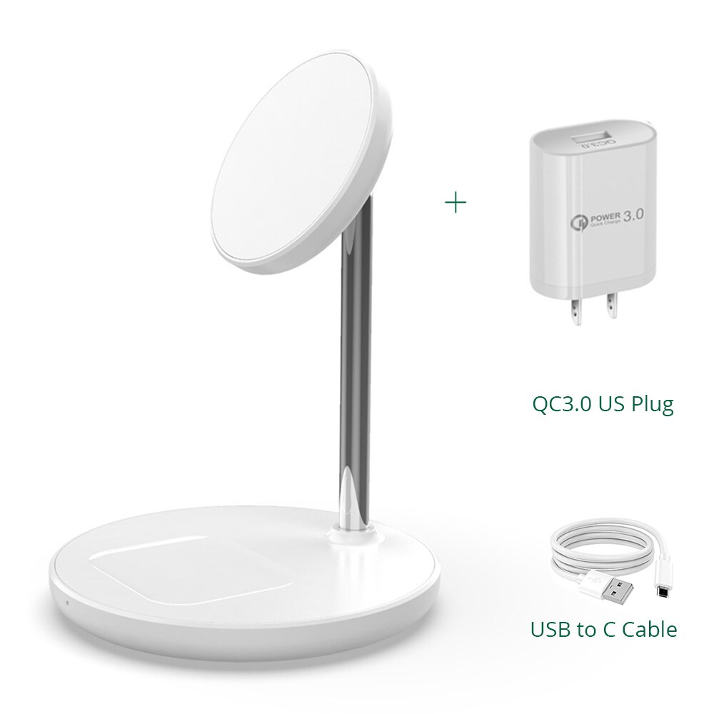 Magnetic Wireless Charger 2 in 1 Stand For iPhone 13/12 Pro/11/X Desktop Phone Holder 15W Qi Wireless Charging For Airpods 2 3: White US Plug