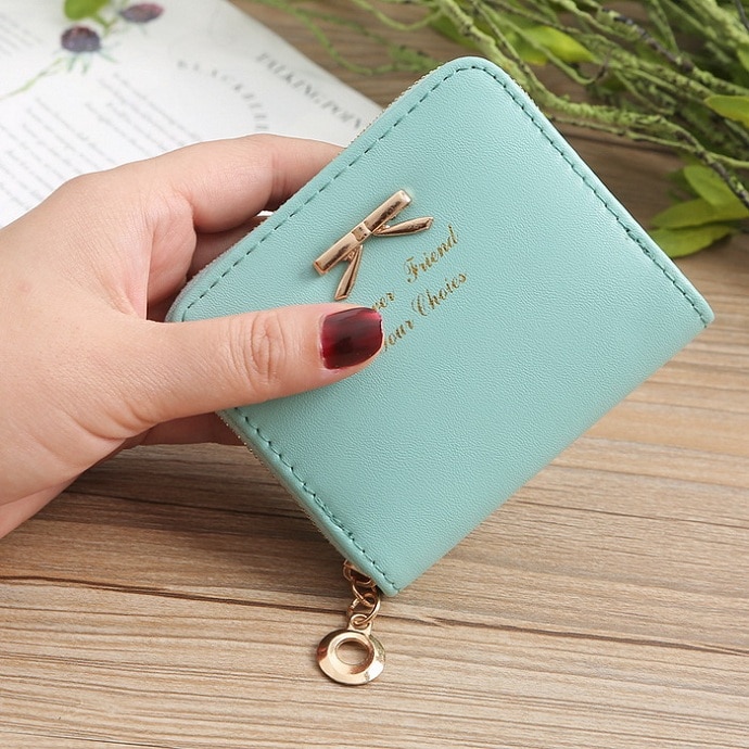 Cartera informal de con lazo y cremallera para mujer, funda para tarjetas de crédito y documentos de identidad XB228: Light Green