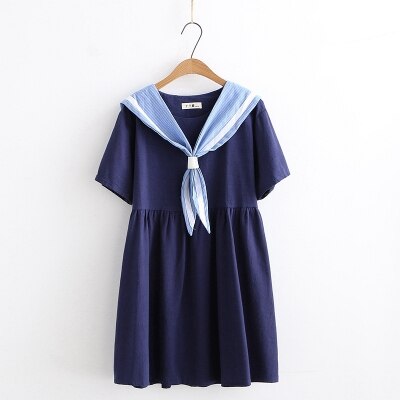 Sommer japansk mori dame college vind marine stil kat broderet bomuld og hør pige kjole studerende løs sømandsdragt: 014