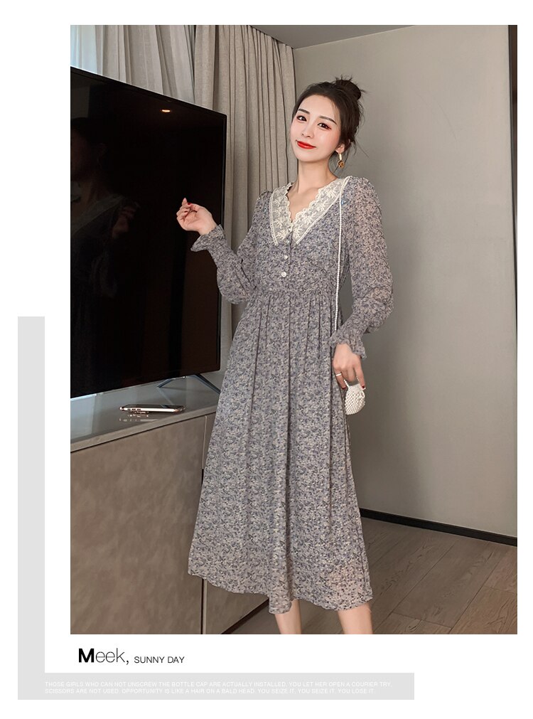 Herbst Schwangere Still Kleid mit Invisible Zip Fly Spitze V-ausschnitt Mutterschaft Chiffon Pflege Kleid Stillen: The blue-gray / XXL