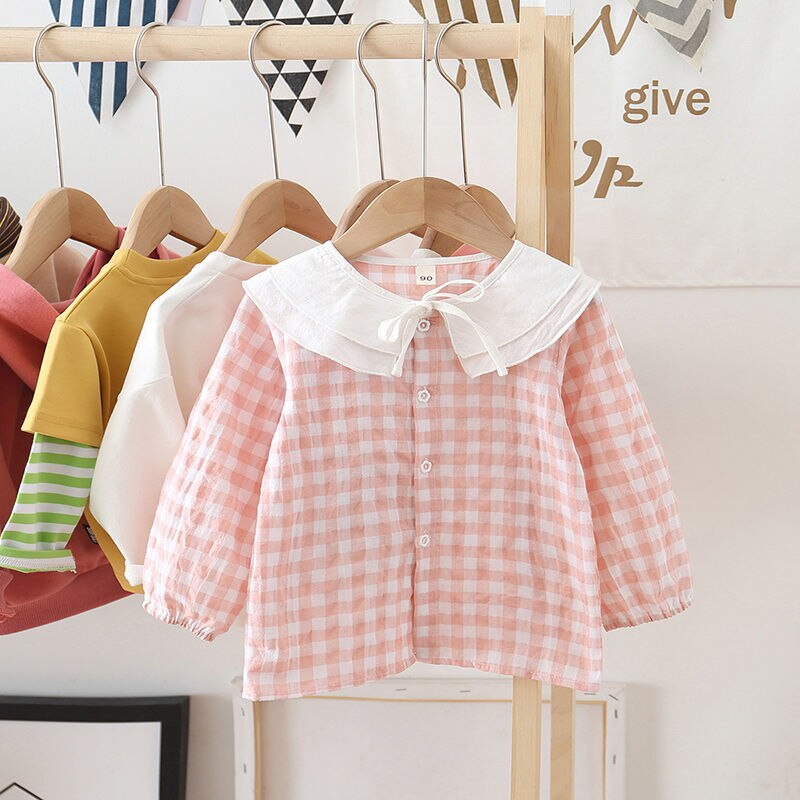 Baby Meisjes Shirt Little Peuter Lente Katoen Blouse Lnfant Roze Raster Bowtie Zachte Casual Leuke Comfortabele Strik Ronde Kraag: pink / 90