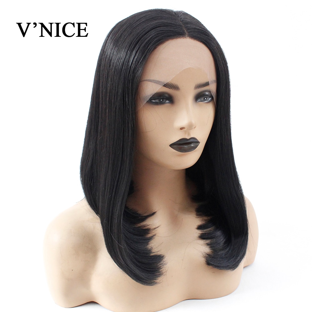 V'NICE Middle Part Short Bob Synthetic Lace Front Wig Natural Glueless Black Cosplay Wig for Women Heat Resistant Fiber Hair