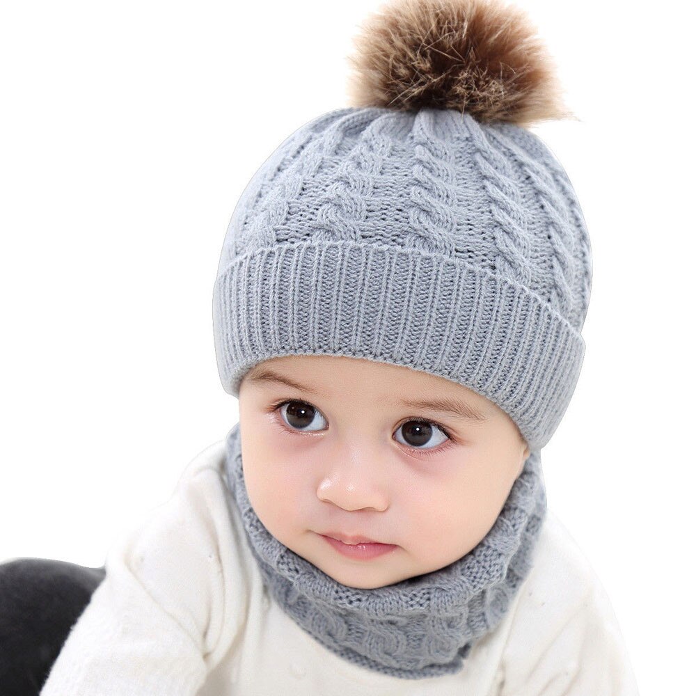 2Pcs Cap+Scarf Toddler Baby 0-2 Year Kids Girls Boys Winter Cute Warm Solid Knitted Beanie Keep Warm Outdoors Neck Set C28#