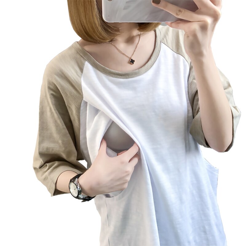 Bamboo Cotton Postpartum Nurse T-shirt Summer Pregnant Women Clothes Maternity Clothes 3906: Khaki / L