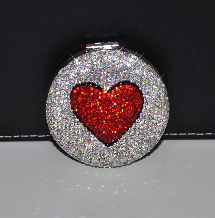 Bærbart håndholdt speil bling rhinestone hjerte sammenleggbart håndmadekorativ lomme mini rundt speil forfengelighet dekor