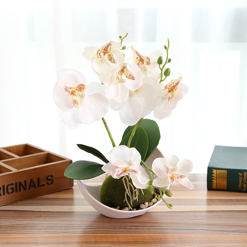 Kunstig sommerfugl orkidé potteplanter silke blomst med plastik potter mos hjem balkon dekoration vase sæt bryllup dekorative