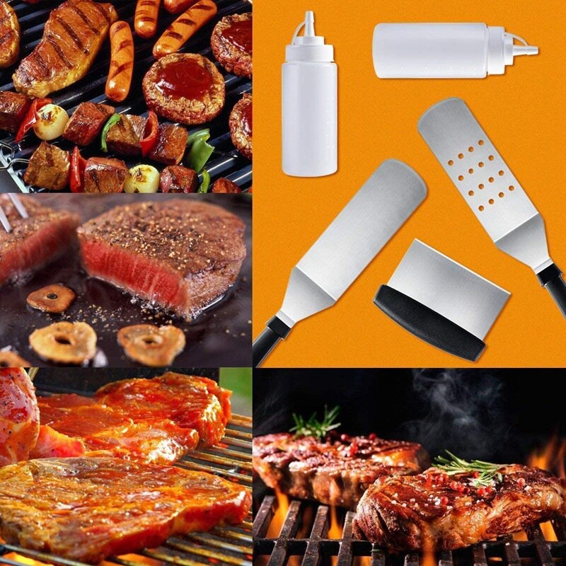 Kit til tilbehør til grillplade , 5- stk eksklusive grillværktøjssæt med lange / korte spatler - flad top grill madlavningssæt i kommerciel kvalitet