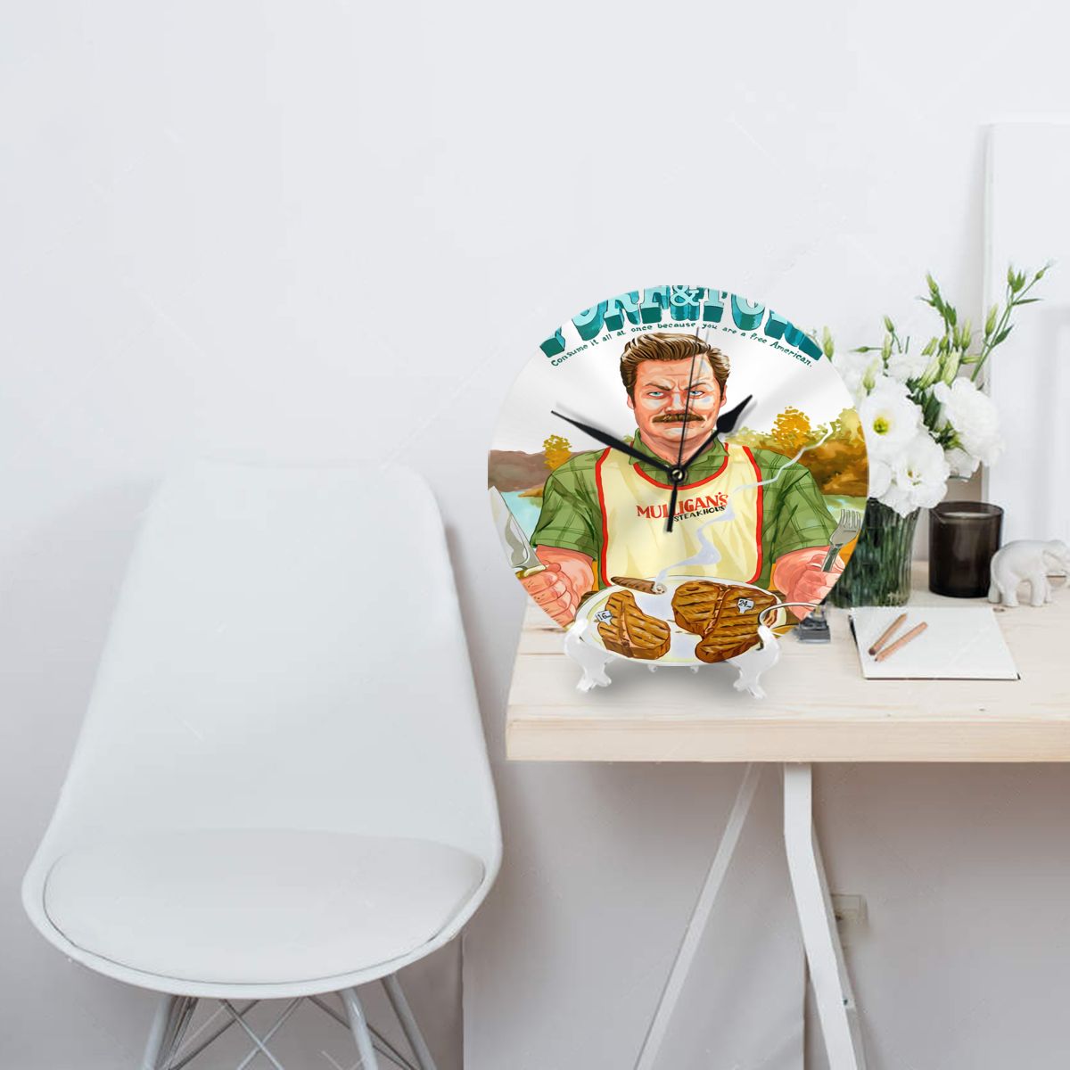 Ron Swanson Parks And Recreation Turf And Turf White Custom Made Watches Wall Decor Room Wall Clock Digital Clock Led