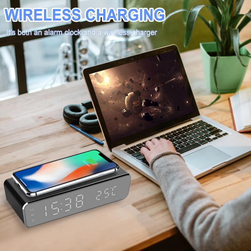 Elektrische Led Wekker Met Mobiele Telefoon Draadloze Oplader Hd Klok Spiegel Met Tijd Geheugen Digitale Thermometer Klok